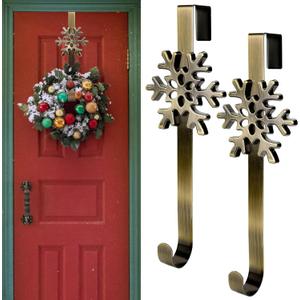 2Pcs Christmas Wreath Hangers Over The Door Metal Wreath Hooks Snowflake Decorative Hooks for Xmas Party Decor Home Office Wall Door, Gold, 14.6 Inch
