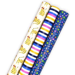 Hallmark Cat Wrapping Paper Rolls with Cutlines on Reverse (3 Rolls: 75 Sq. Ft. Total) Cheetahs in Sunglasses, Paw Prints, Pink, Yellow and Blue Stripes