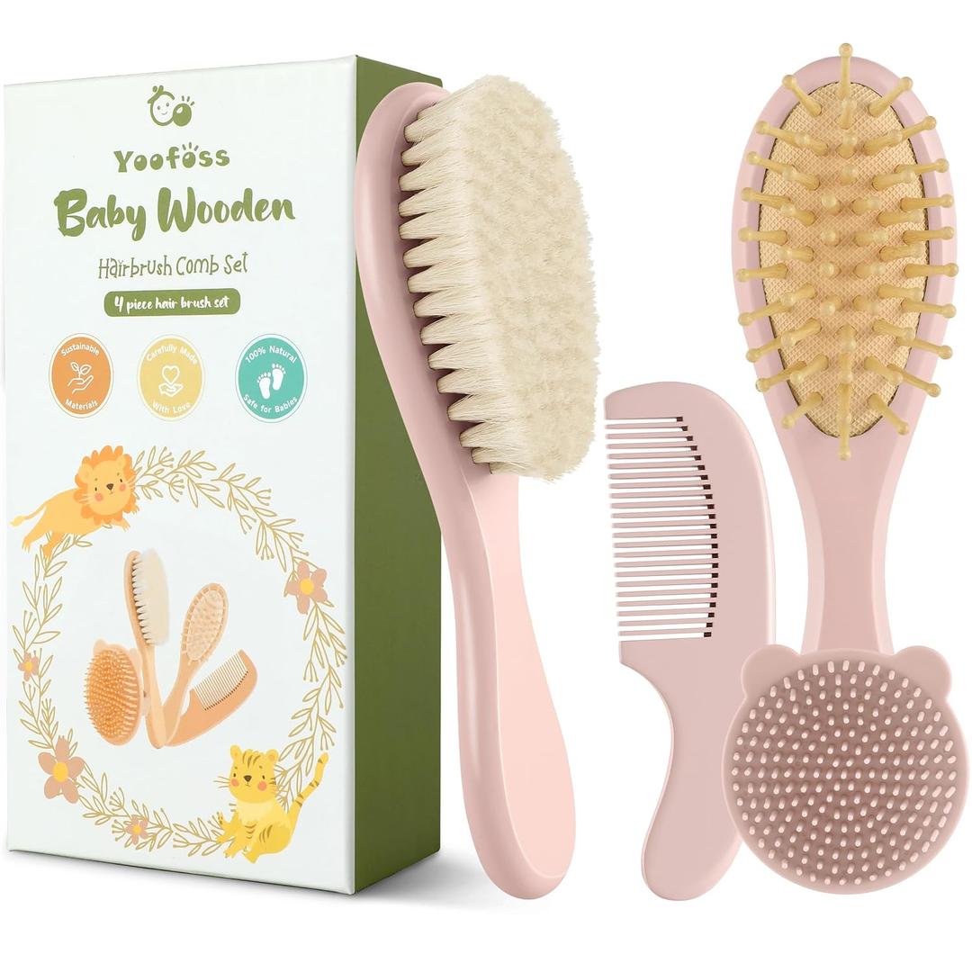 Yoofoss 4 Piece Baby Hair Brush and Comb SetWooden Baby Hair Brush with Natural Ultra Soft Goat Hair, Baby Comb Set for Boy, Girl - Pink