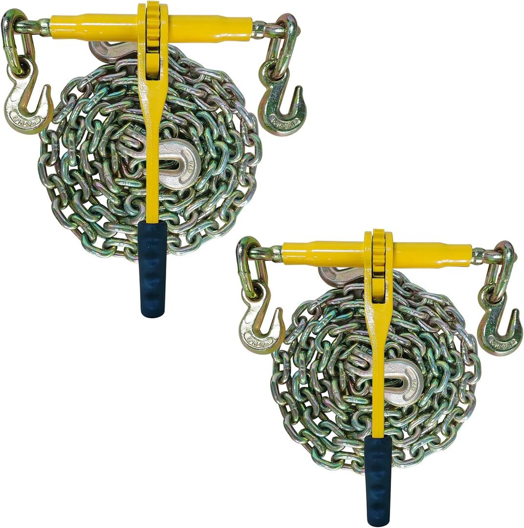 Chain and Binder Kit 5/16in-3/8in，G80 Chains Heavy Duty Ratchet Load Binders，Secure Tie Down Binder for Hauling and Towing,2 Pack