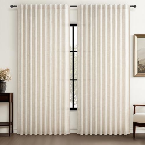 Birch 70 Inches Extra Wide Sheer Curtains Cream Linen Pleated Living Room 84 Inches Long, Neutral Textured Light Filtering Privacy Sliding Door Thick Drapes for Large Window (70"Wx84"Lx2 Panels Hooks)