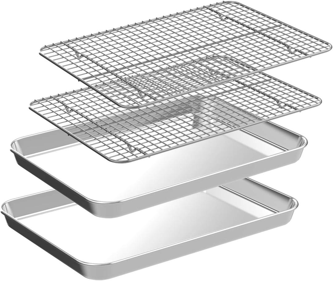 Small Baking Sheet with Rack Set [2 Cookie Sheets + 2 Baking Racks], CEKEE Stainless Steel Small Baking Pan and Grill Rack - Rust & Warp Resistant & Nonstick, Size 9.33 x 6.96 x 1 Inch