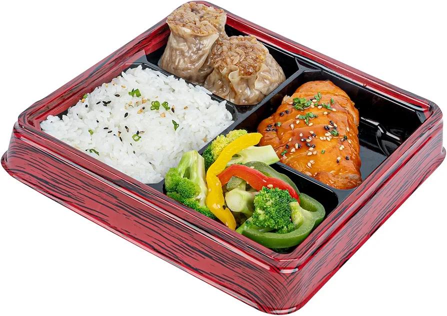 Restaurantware-Bento Tek 17.9 Ounce Meal Prep Containers, 100 Disposable To Go Food Boxes - Lids Sold Separately, 4 Compartments, Red And Black Plastic Bento Lunch Boxes, Freezable, For Take Out