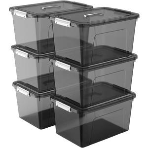 19 Quart Stackable Plastic Storage Bins with Lids, 6 Pack Clear Black Organizer Boxes with Secure Latches for Garage, Tools, Closet, Office, Durable Storage