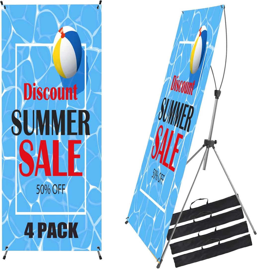 4 Pack X Frame Banner Stand Adjustable Size 23"X63" to 32"X78" with Portable Retractable Carrying Bag, Customize Banner Stand for Trade, Show Exhibition Market and Store Display