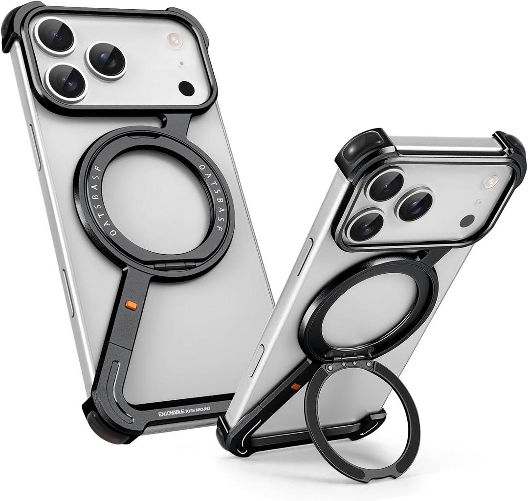 OATSBASF Minimalist Phone Case for iPhone 17 Pro Max Case, 360 Rotation Kickstand Aluminum Metal Frameless Design Bumper Z Case, Protective Shock Grade Shell, Black