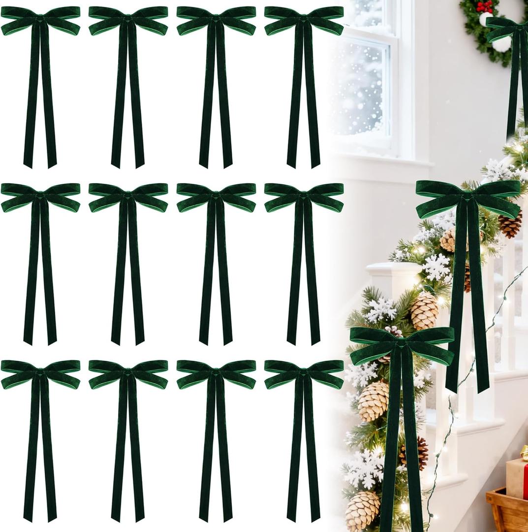 12pcs Velvet Ribbon Bows 7.9 x 17.7In Large Christmas Bow Decoration for Tree Door Wreath Garland Staircase (green)