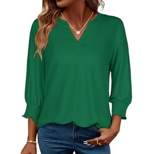 3/4 Length Sleeve Womens Tops Business Casual Blouses V Neck T Shirts with Puff Sleeve 2026, Green Color, L