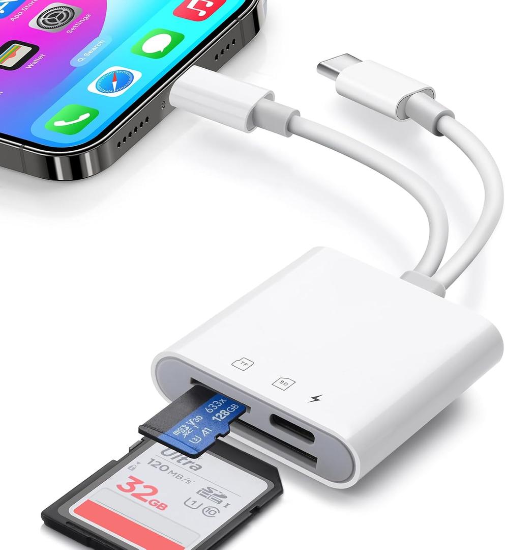SD Card Reader for iPhone 15 16 17 Android, WZDYFL Memory Card Reader with Charging and Dual Slot for TF/SD, iOS & TypeC Dual-Connector Card Reader for Photography, No App Required Plug and Play