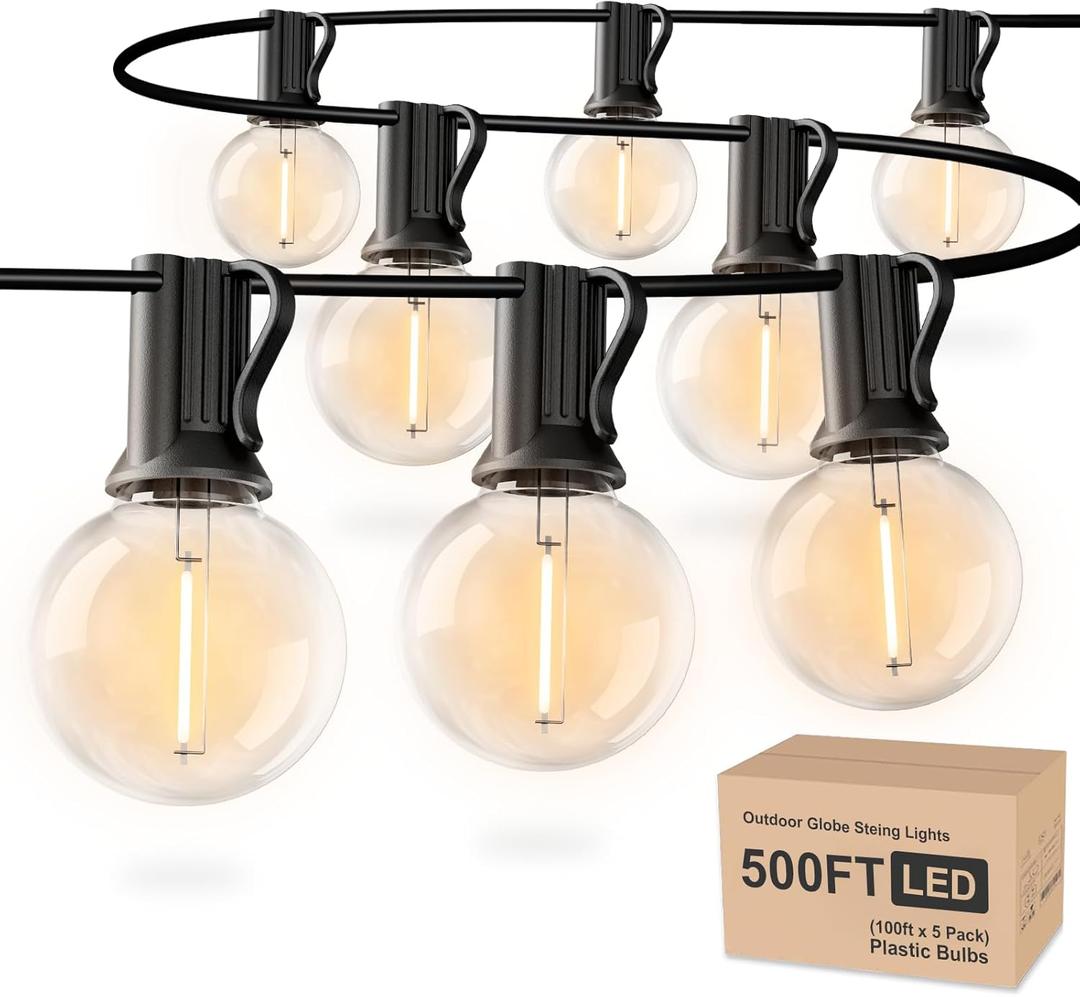 Outdoor String Lights 500ft,5 Pack 100ft G40 Led Patio Lights with 52pcs Bulbs,Shatterproof Waterproof Connectable Hanging Globe for Porch Cafe Bistro Backyard