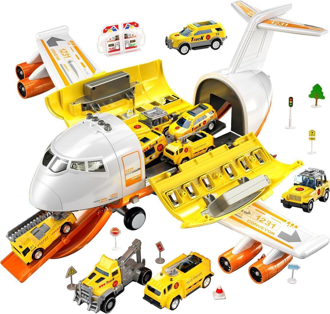 TEMI Toddler Airplane Toys for 3 Year Old, Toy Airplane for Boys Age 4-7, Large Spray Transport Airplane Toy with 12 Construction Vehicles, Toys for 3 4 5 6 7 8 Years Old (Lemon Yellow)