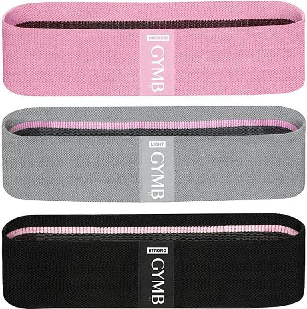 Gymb Premium Resistance Bands for Working Out - Exercise Bands to Workout Glutes, Thighs & Legs - Non Slip Cloth Booty Bands for Gym & Home Fitness, Yoga, Strength & Pilates for Men/Women - 3 Levels (Black, Grey, Pink)
