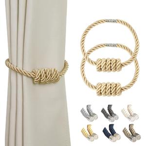 BEL AVENIR Magnetic Curtain Tiebacks, Decorative Drapery Holdbacks Modern Woven Tie-Backs with Exquisite Knot (Gold, 2 Pack)