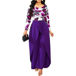Purple Jumpsuits for Women Dressy Formal Elegant Hight Waist One Piece Outfits Sexy Casual Straight Long Pants Wide Leg Pants Jumpsuit (Purple, L)
