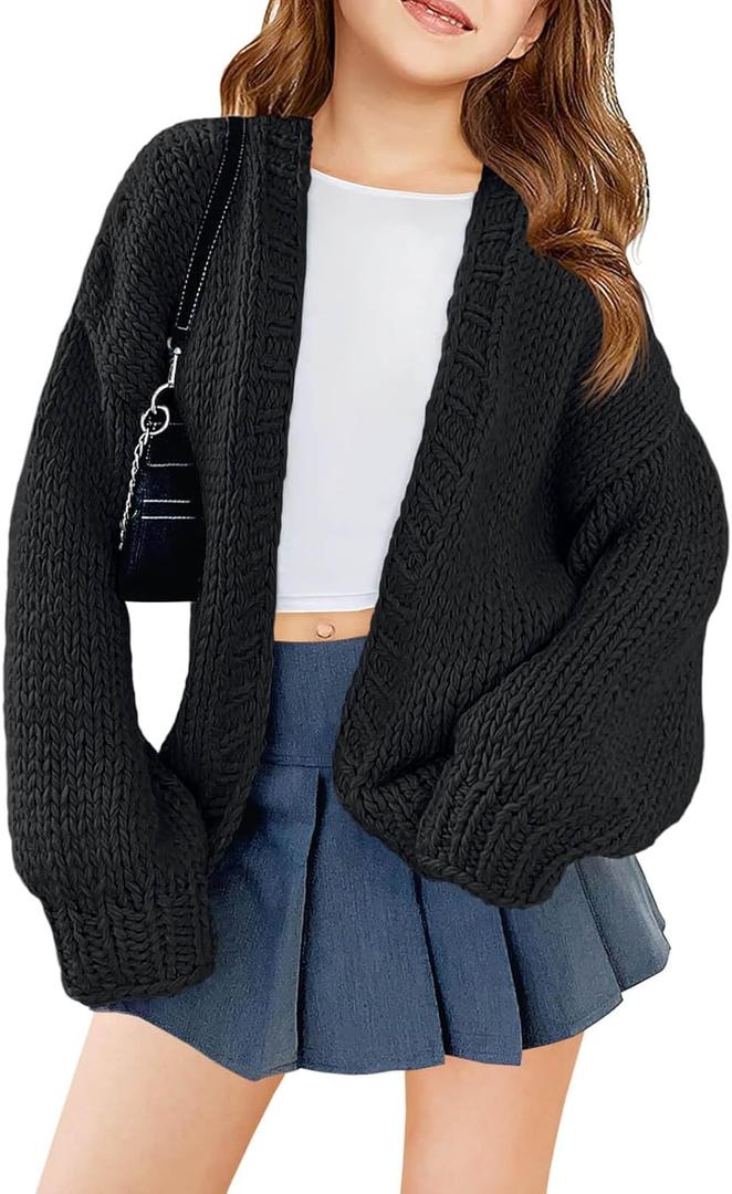 Haloumoning Girls Long Sleeve Cardigan Kids Casual Open Front Chunky Sweater Fall Outerwear 5-14Y (5-6 Years, Black)