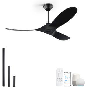 60 inch Black Outdoor Ceiling Fan for Patios without Lights Damp Rated, Large Airflow Smart Ceiling Fan with Alexa/Remote/App Control, Outdoor Wood DC Fan No Light for Commercial Indoor Exterior Porch