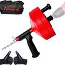 Drain Snake 50 Ft, Plumbing Snake for Sink with Drill Attachment, Snake Drain Clog Remover for Shower Drain, Kitchen, and Sink, Manual or Powered Use, Comes with Gloves and Storage Bag, 1/4 Inch, Red