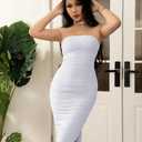GOKATOSAU Women's Summer Strapless Mesh Bodycon Split Ruched Midi Party Dress White (White, S)