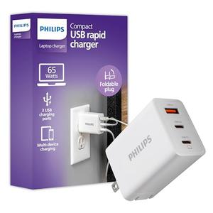 Philips iPhone Charger Fast Charging, 65W USB C, 3-Port GaN Charger Block with USB A, Foldable Fast Wall Charge for iPhone 16 Series, 15 Series, iPad Pro, White, DLP3653W/37