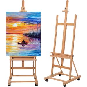 H-Frame Studio Easel, Beechwood Artist Easel with Wheels and Storage Tray, Adjustable Floor Easel Stand Holding Canvas up to 51Inches for Painting, Natural