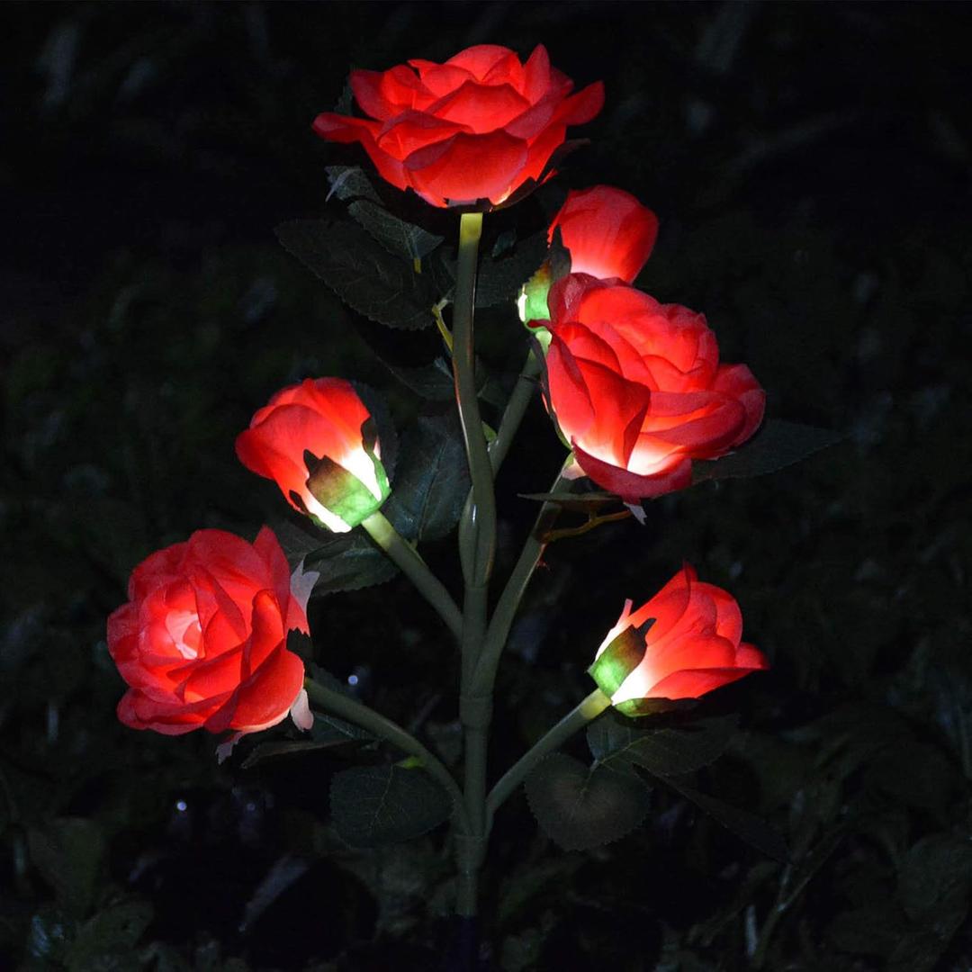 Homeleo [Upgraded 6 Flowers] Garden Solar Decorative Lights, Outdoor Waterproof Realistic Artificial Rose Flowers for Backyard Pathway Porch Step Memorial Cemetery Gravesite Decor, Red
