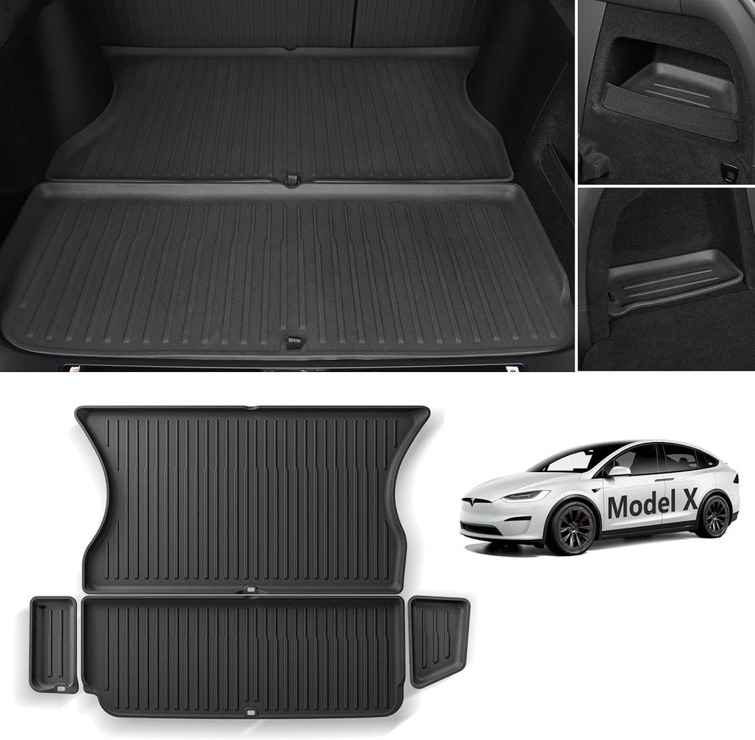 LUCKEASY 5 Seat Trunk Mats for Tesla Model X 2023 2024 2025 2026 Cargo Liners Rear Trunk Pads Anti-Friction TPEAll-Weather Waterproof 4pcs/Set Black