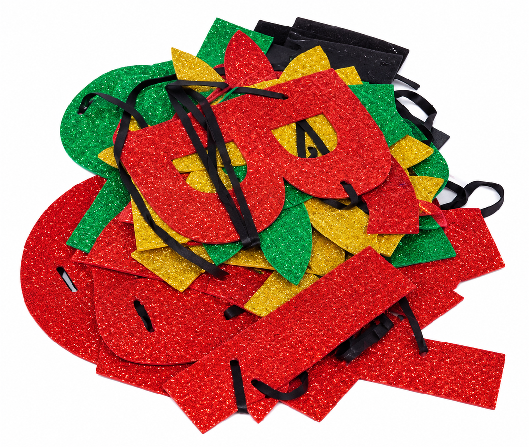 Multicolor Glitter Foam Decorations with Red, Green, Gold, and Black Pieces. Ideal for Parties, Celebrations, and DIY Crafts