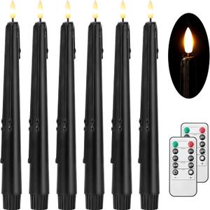 Black Flameless Taper Candles with Remote and Timer - 9.65 Inch Real Wax LED Candlesticks - Wax Drip Battery Operated Halloween Taper Candles with 3D Flickering Flame Halloween Decor, 6 Pack