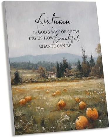 AEHIE Fall Vintage Christian Pumpkin Wall Art Decor, Rustic Fall Autumn Pumpkin Patch Bible Verse Framed Canvas Wall Art, Religious Scripture Decorations for Home Bedroom Living Room Farmhouse，11x14
