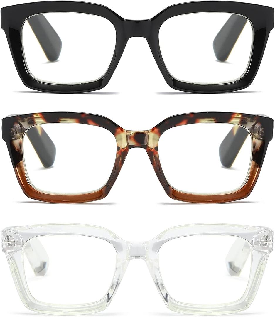 3 Pack Oversize Square Design Reading Glasses for Women, Blue Light Blocking Reader (Black&leopard&transparent)