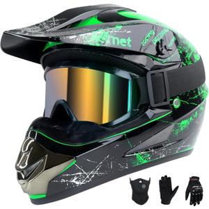 Youth Kids Dirt Bike Helmet Full Face Helmets,Motorcycle Helmets for Boys and Girls 8-14,Includes (Gloves Goggles Mask) 4Pcs Set,Motocross Bike Helmet for Off-Road ATV BMX MX,DOT Approved (Green,M)