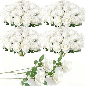 100 Pcs Fake Roses Bulk White Artificial Flowers, Artificial Velvet Silk Roses Bouquet with Stems for Wedding Decoration, Fake Flowers in Vase Valentines Day Floral Arrangement Centerpiece Home Decor