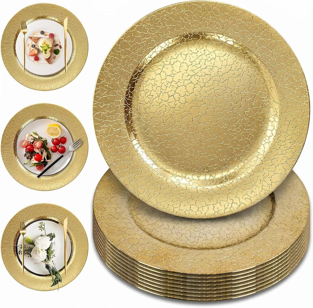 PROY 100 PCS 13 Inch Textured Plastic Round Charger Plates, Hammered Gold Charger Plates for dinner plates, Decorative Dinner Plate Chargers for Wedding, Party And Holiday Event