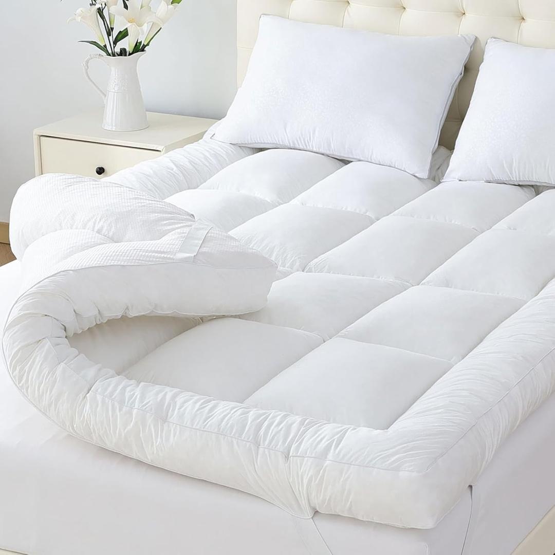 WhatsBedding 5 Inch Memory Foam Mattress Topper Queen for Back Pain, 100% Cotton Extra Soft Pillow Top Mattress Topper, 2000GSM Fluffy Shredded Memory Foam Filled & Thicked Down Alternative-Lined (White)