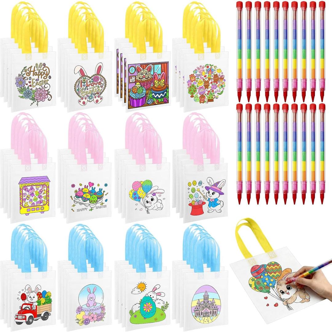 20 Pcs Easter Coloring Gift Bags for Kids with 20 Stackable Crayons, Reusable Non-woven Bunny Tote Bags, DIY Coloring Activity Set for Easter Party Favors, Classroom Rewards Bulk