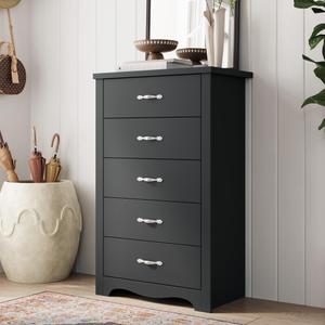 Black Wood Dresser for Bedroom with 5 Drawers, Tall Storage Chest of Drawers, Modern Solid Wood Dresser Cabinet for Closet, Nursery, Entryway, Girls Room, Kids Room, Hallway, Living Room