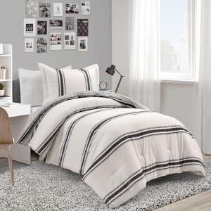 Lush Decor Farmhouse Stripe Reversible Cotton Comforter Set, 2-Piece, Twin XL Black - Twin Bedding Set - Dorm Decor - Striped Comforter for Farmhouse Bedroom Decor