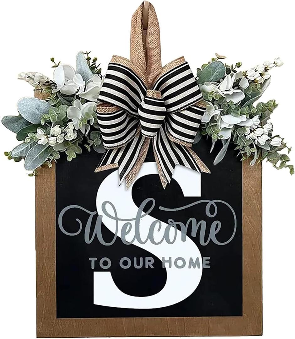 Last Name Year Round Front Door Wreath Front Porch Decoration 26 Letter Welcome Sign with Eucalyptus Garland and Bow Spring Wreaths for Front Door Outside Hanger GarlandS