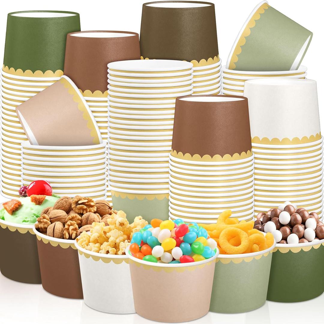 Zopeal 48 Pcs Woodland Disposable Ice Cream Bowls 9oz Green and Brown Gradient Color Paper Snack Cups with Gold Scallop for Parties, Weddings, Baby Showers, Desserts, Yogurt, and Salads