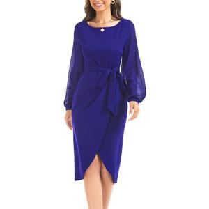 HELYO Women's Elegant V-Back Chiffon Long Sleeve Sheath Dresses Belted Ruched Casual Work Cocktail Party Midi Dress (Medium, Royal Blue)