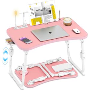 Lap Desk for Bed Adjustable Height, Foldable Bed Table with Storage Drawer, Tablet Slot & Cup Holder, Portable Laptop Stand for Bed & Sofa, Bed Desk for Adults & Kids, Pink