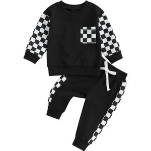 Toddler Baby Boy Fall Winter Outfit Contrast Color Long Sleeve Sweatshirts Stretch Jogger Pants Newborn Clothes Set (18-24 Months, Plaid Black)