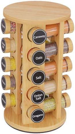 New England Stories Revolving Spice Rack Set with 16 Spice Jars, Kitchen Spice Tower Organizer for Countertop or Cabinet - Carous (Bamboo)