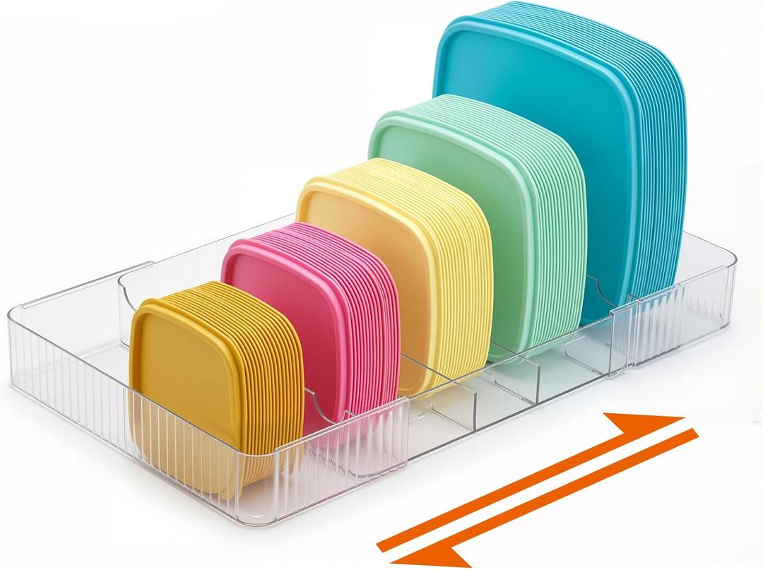 Junkin Expandable Lid Organizer for Cabinet Clear Adjustable Food Container Lid Holder (10.618) Plastic Storage Rack for Pantry Drawer & Kitchen Organization
