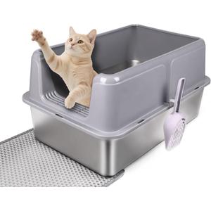 Stainless Steel Cat Litter Box with Lid – XL High-Sided Metal Litter Pan for Big Cats & Maine Coons – Enclosed, Anti-Urine Leak, Non-Stick, Odor & Rust Resistant, Easy Clean with Scoop & Mat, Gray