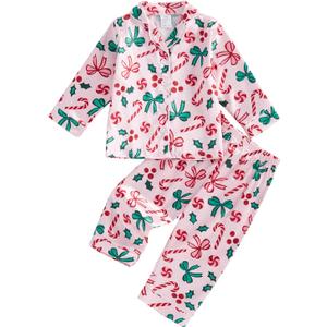 Kids Girls Christmas Valentines Pajamas Cute Print Button Down Tops + Pants Toddler Satin Sleepwear Silk Pajama Set (6-7 Years, Pink Candy Cane&bow)