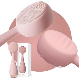 Clean, Acne, and Redvolution - Electric Facial Cleansing Brush, Smart Facial Device with Silicone Brush & Anti-Aging Massager, Red and Blue LED Light (Blush)