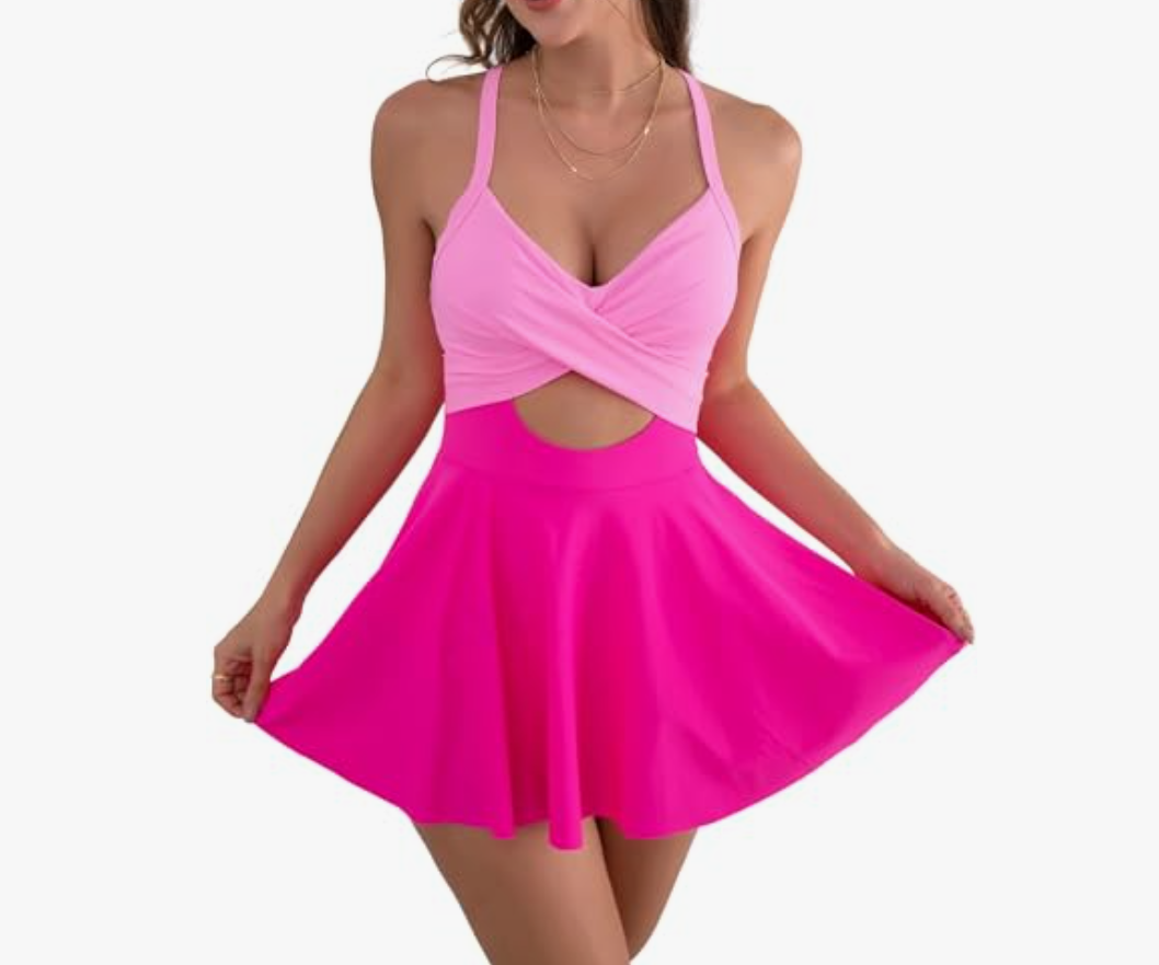 B2prity Women Cutout One Piece Skirt Swimsuit V Neck Wrap Tie Back Swimdress Tummy Control Bathing Suits, XL
