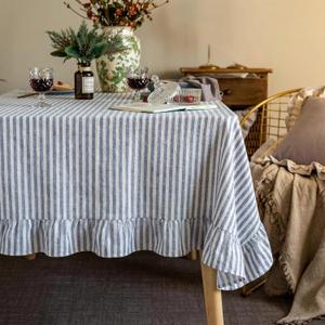 Boao Cotton 52 x 70 Inch Farmhouse Ruffle Tablecloth Blue White Striped Flounces Trim Table Cover for Rectangle Table Kitchen Party Wedding Decor, Blue White