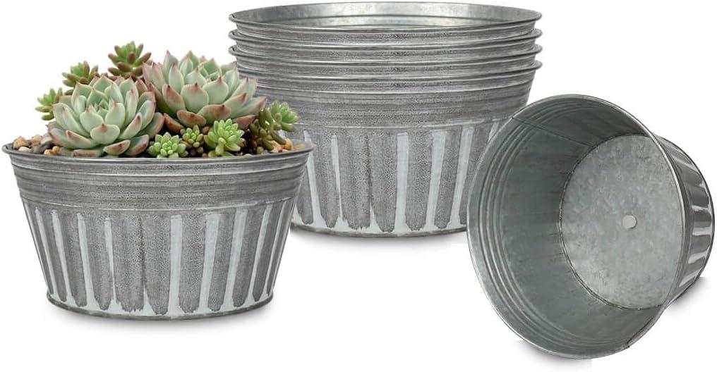 vensovo 7 Inches Silver Metal Rustic Plant Pots - 6Pcs Shallow Galvanized Planters with Drain Hole and Rubber Plug, Rustproof Tin Bucket Succulent Pot Indoor Farmhouse Vintage Style for Decor